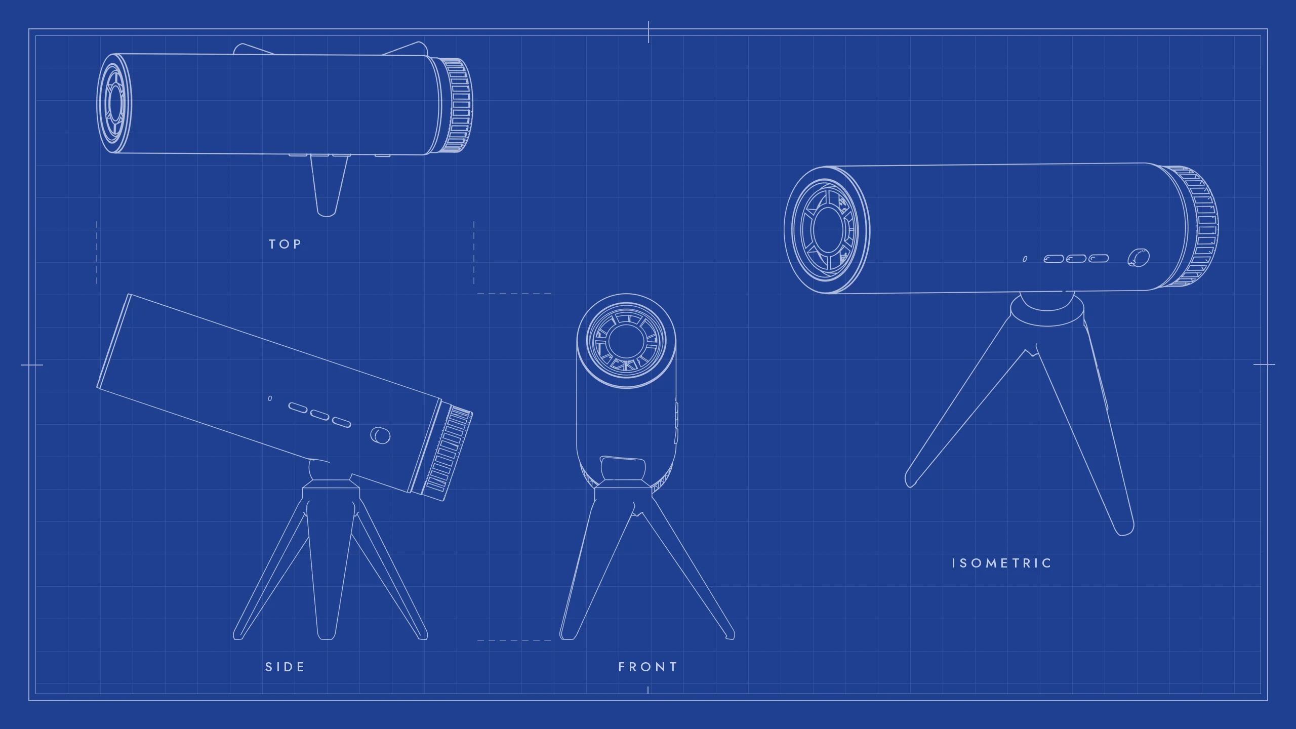 Technical drawing sheet of the HandsFreeDryer on its tripod: top, side, front and isometric view.