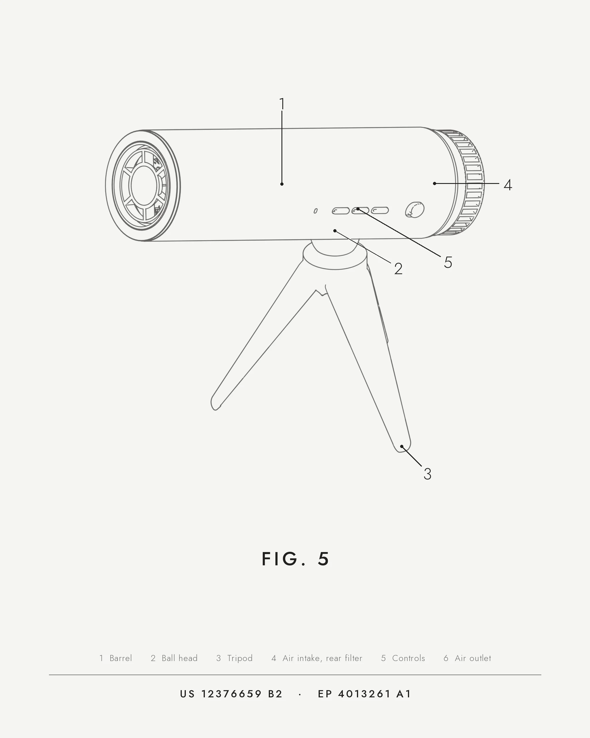 Patent-style figure of the dryer, isometric view, with numbered parts.