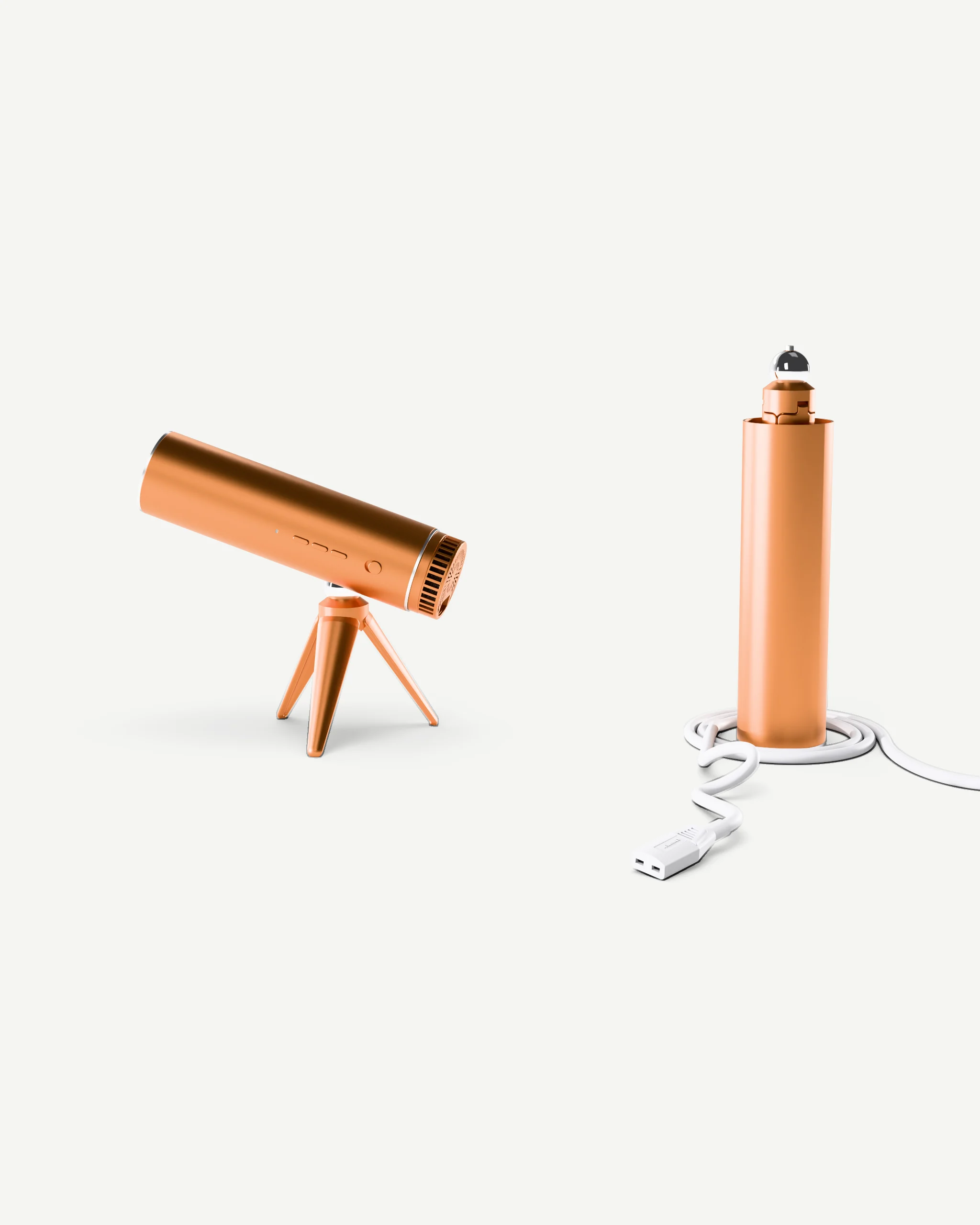 The gold dryer standing on its tripod, plugged in, with the travel capsule standing in the coiled cable beside it.