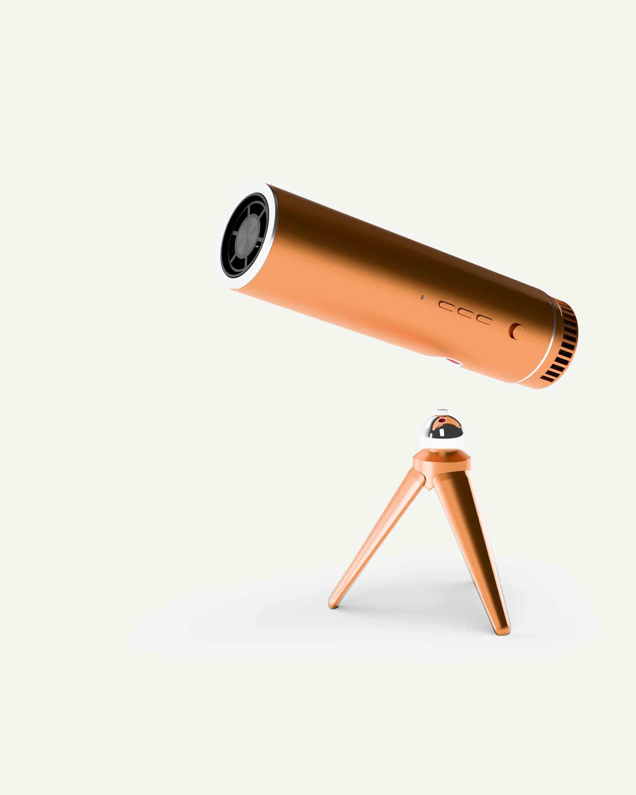 The gold dryer held just above the ball head of its tripod, about to click on.